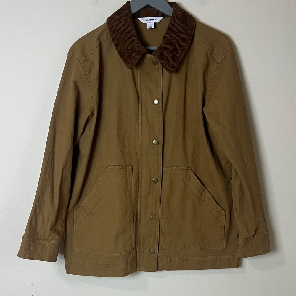 Old Navy Chore Barn Coat Jacket Womens Small Brown Corduroy Collar Button Canvas